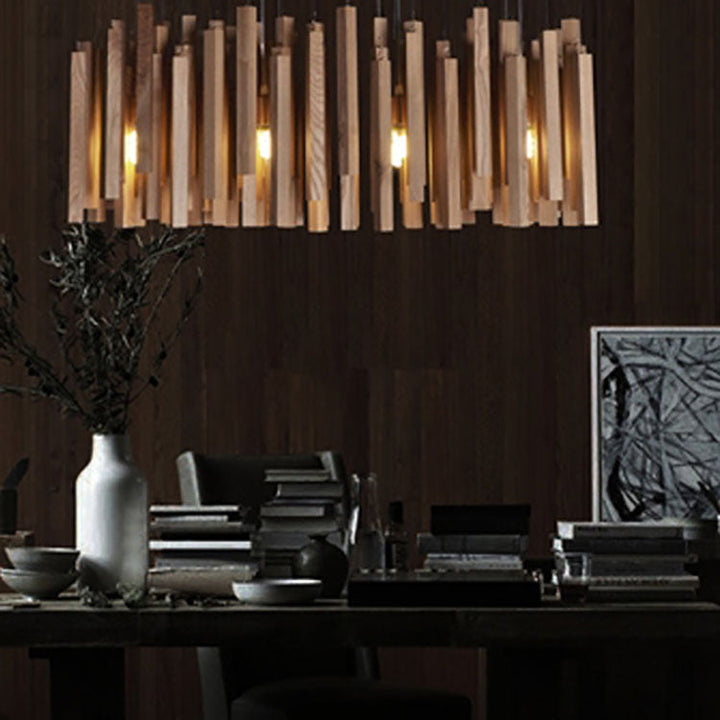 Chandelier rectangulaire en bois contemporain créatif à 8 lumières pour salle à manger 