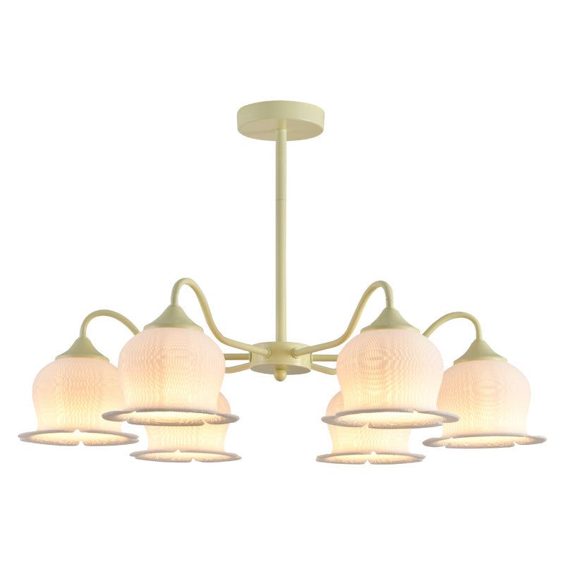 Moderner Art-Deco-Kronleuchter mit Eisenrahmen und PLA-Glocken-Orchideen-Blumenschirm, 3/5/6 Lichter, für Wohnzimmer 