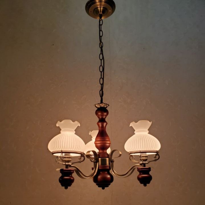 Chandelier traditionnel rustique en fer à fleurs rondes en bois massif à 3 lumières pour salon 
