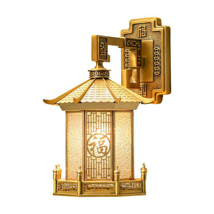 Lámpara de Aplique de Pared de 1 Luz en Forma de Cono de Cilindro de Vidrio de Acero Inoxidable de Latón Impermeable Tradicional Chino para Patio Exterior 