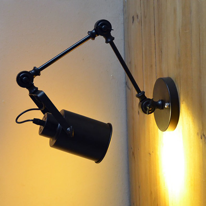 Zeitgenössische Industrie Zylinder Swing Arm Eisen Aluminium 1-Licht Wandleuchte Lampe für Wohnzimmer 