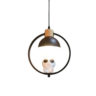 Suspension contemporaine en bois nordique fer résine ronde chat de dessin animé 1 lumière pour chevet 
