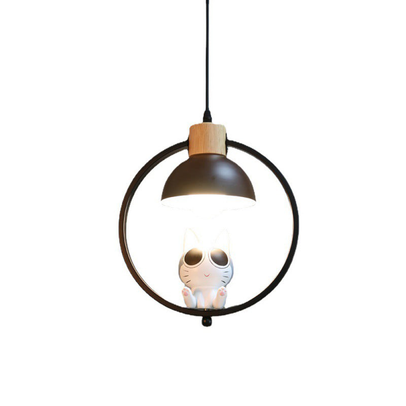Suspension contemporaine en bois nordique fer résine ronde chat de dessin animé 1 lumière pour chevet 