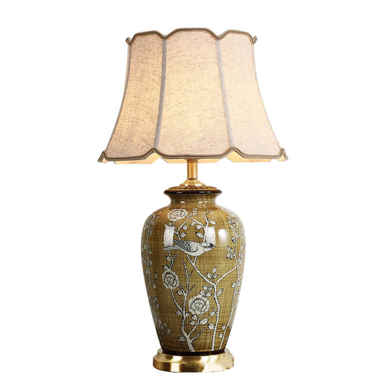Retro Chinese Ceramic Canvas Shade Copper Base 1-Light Table Lamp