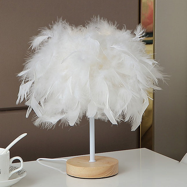 Lampe de table LED rechargeable USB avec base en bois et tissage de plumes Art Déco moderne pour chambre 