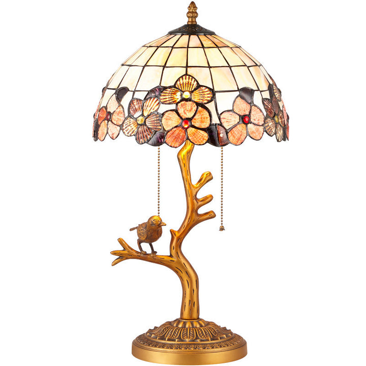 Lámpara de mesa de lujo contemporáneo con decoración de pájaro de cobre completo y pantalla de concha natural de 2 luces para hogar y oficina 