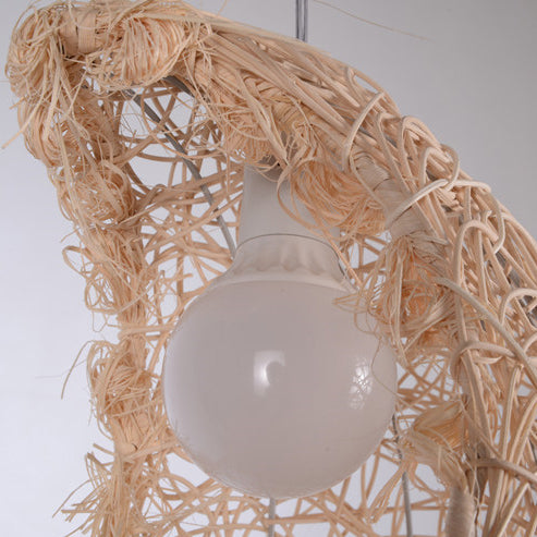 Traditional Japanese Weaving Bamboo Rattan Moon 1-Light Pendant Light For Dining Room