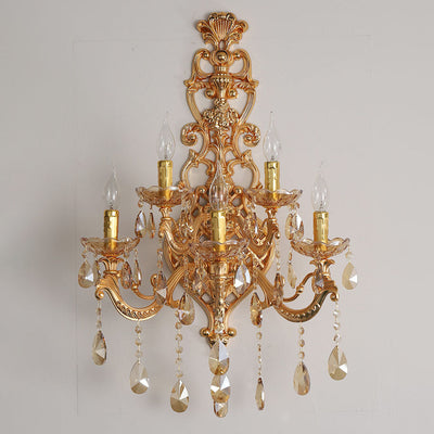 Traditional European Gold Candelabra Glass Crystal Hardware 5-Light Wall Sconce Lamp For Living Room