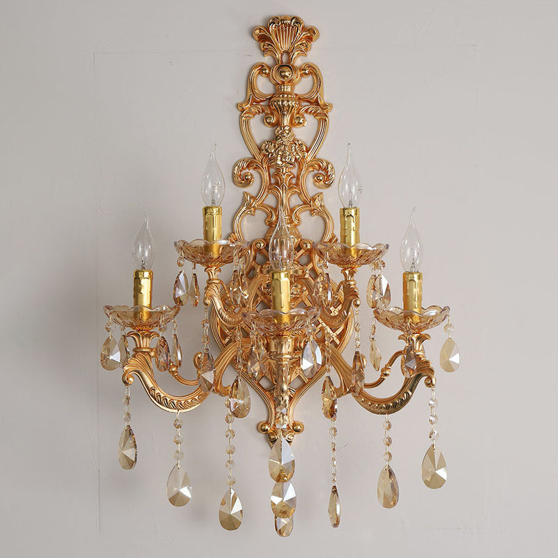 Traditional European Gold Candelabra Glass Crystal Hardware 5-Light Wall Sconce Lamp For Living Room