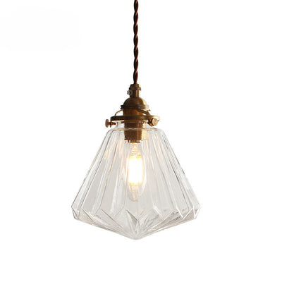 Traditional Japanese Brass Iron Glass Diamond Stripe 1-Light Pendant Light For Bedside