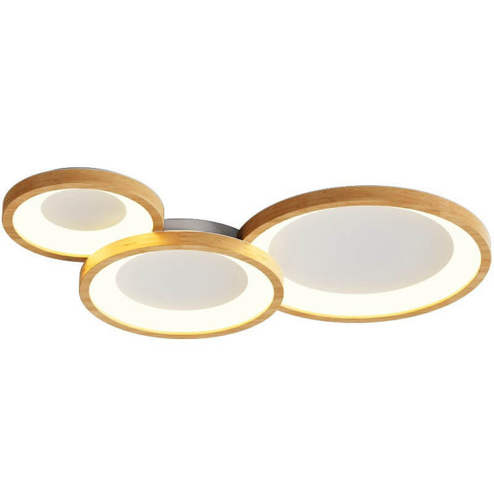 Contemporary Scandinavian Rubberwood Acrylic Log Circle Design LED Flush Mount Ceiling Light For Living Room