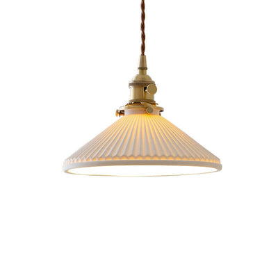 Traditional Japanese Pleated Ceramic Cone Shade Brass 1-Light Pendant Light For Living Room