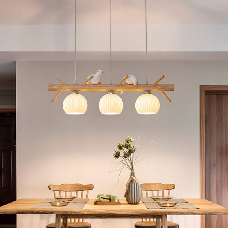 Lámpara de araña de 3 luces con pantalla redonda de vidrio y tiras de madera tradicional japonesa para sala de estar 