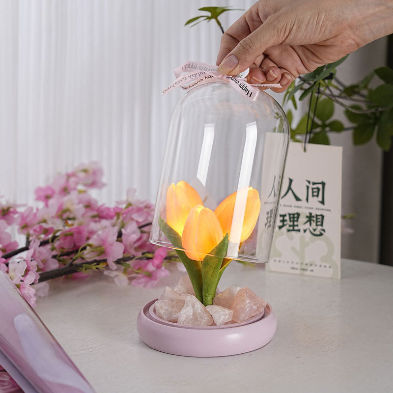 Moderne Einfachheit Zylinder Blume Holz Glas LED Tisch Lampe Für Wohnzimmer 
