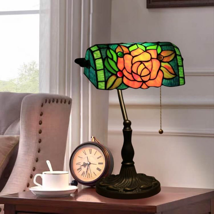 Traditional Tiffany Blooming Flowers Stained Glass 1-Light Bank Table Lamp for Living Room