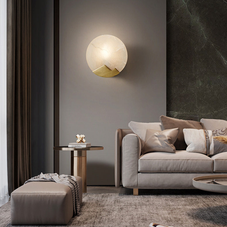 Moderne Luxus Runde Voll Kupfer Marmor 1-Licht Wandleuchte Lampe Für Wohnzimmer 