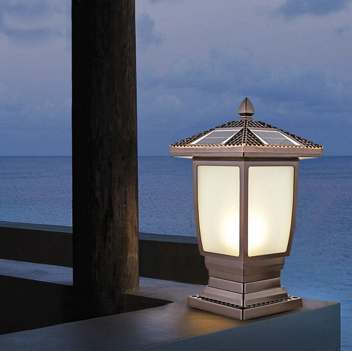 Outdoor chinesische Solar Kaffee Gold Quadrat Säule 1-Licht wasserdichte Landschaftsbeleuchtung 