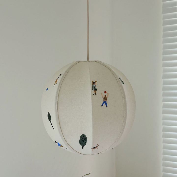 Traditional Chinese Lantern Round Fabric Cotton Linen 1-Light Pendant Light For Living Room
