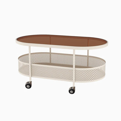 Table d'appoint mobile en fer avec dessus en verre ovale de simplicité moderne, armoire à 2 niveaux pour le salon 