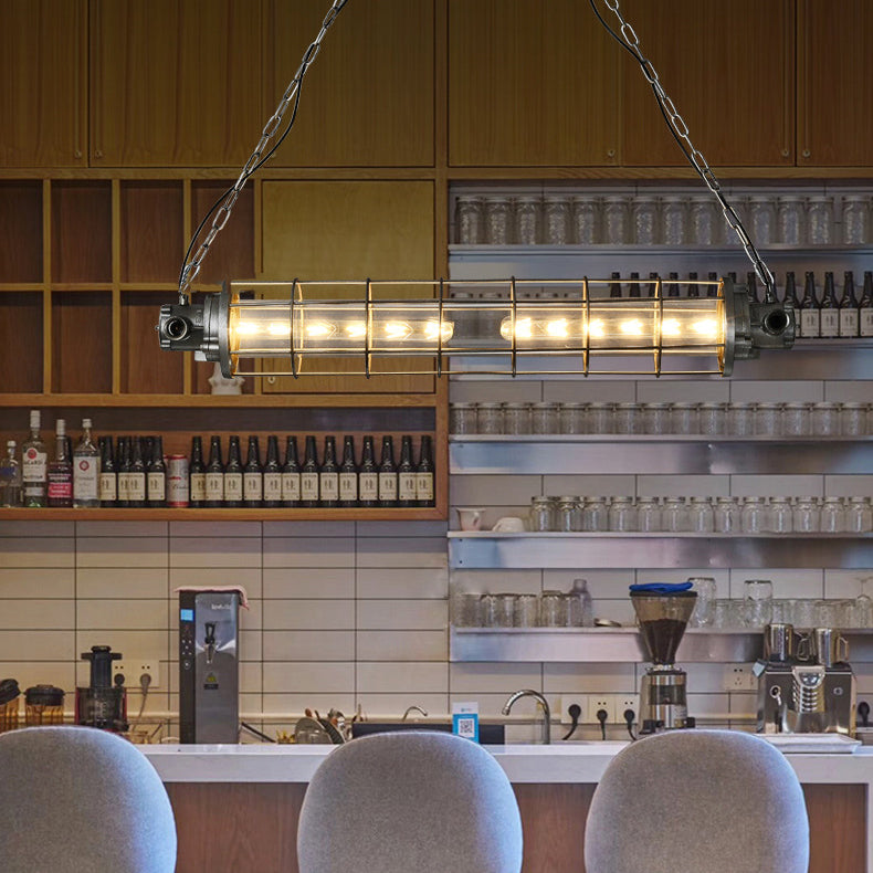 Zeitgenössischer industrieller Zylindergitter-Eisenglas-2-Licht-Insel-Leuchter für Esszimmer 