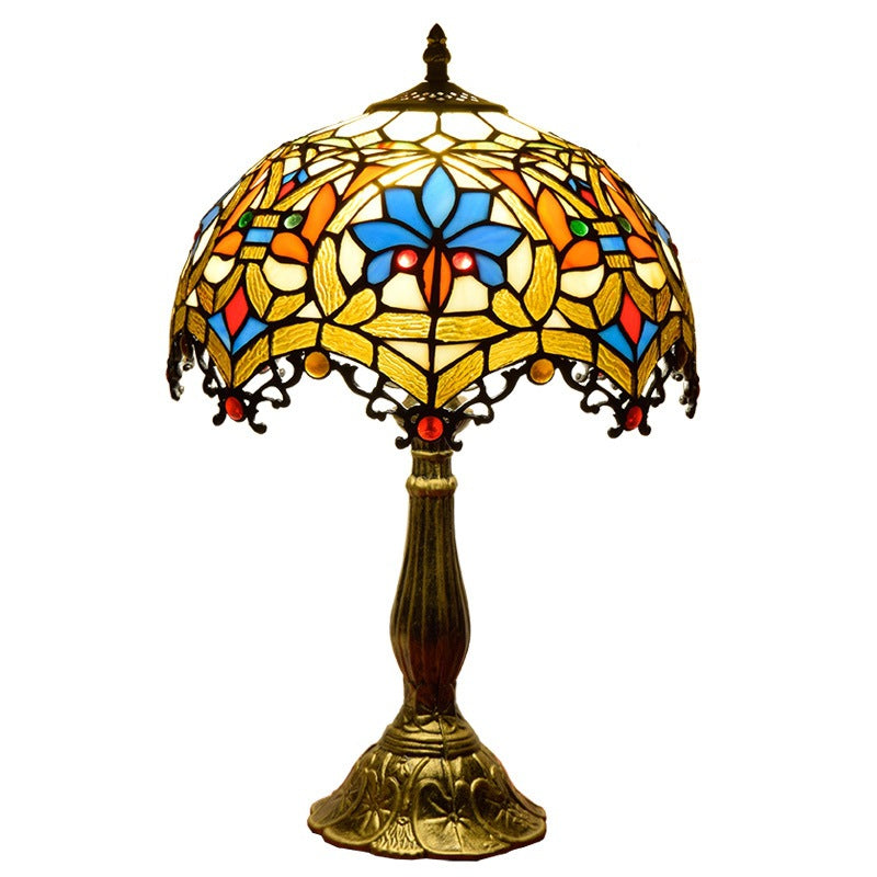 Traditional Vintage Flower Gemstone Stained Glass 1-Light Table Lamp For Living Room