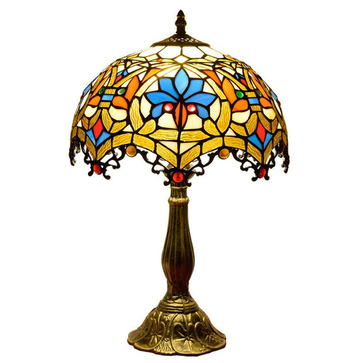 Traditional Vintage Flower Gemstone Stained Glass 1-Light Table Lamp For Living Room