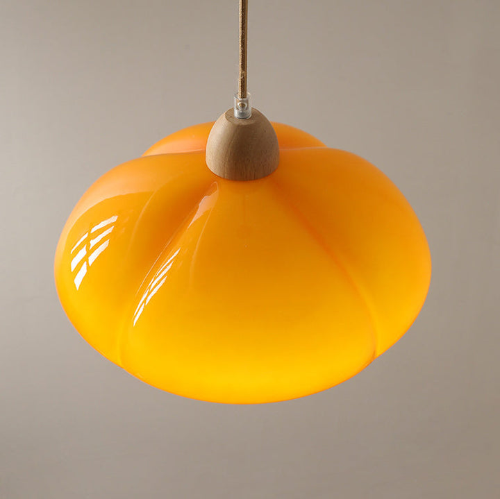 Contemporary Vintage Glass Pumpkin Shade Wood 1-Light Pendant Light For Living Room