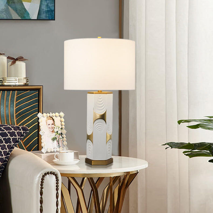 Modern Luxury Plated Hardware Ceramic Fabric Column Fabric 1-Light Table Lamp For Bedroom