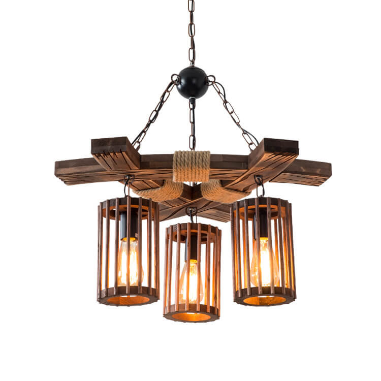 Pantalla de lámpara de jaula de pájaro de madera con cuerda de cáñamo retro, candelabro de 3 luces 