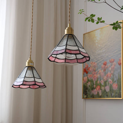 Nostalgic Pastoral Brass Pink Lace Water-Grain Glass 1-Light Pendant Light