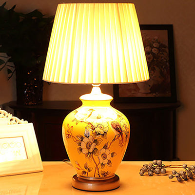 Traditional Chinese Bird Vase Base Ceramic Fabric 1-Light Table Lamp For Living Room