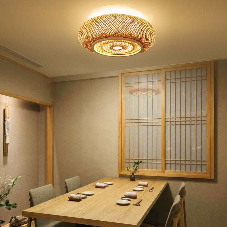 Plafonnier en bambou PVC à une lumière avec monture affleurante, style vintage traditionnel et squelette rond pour salon 