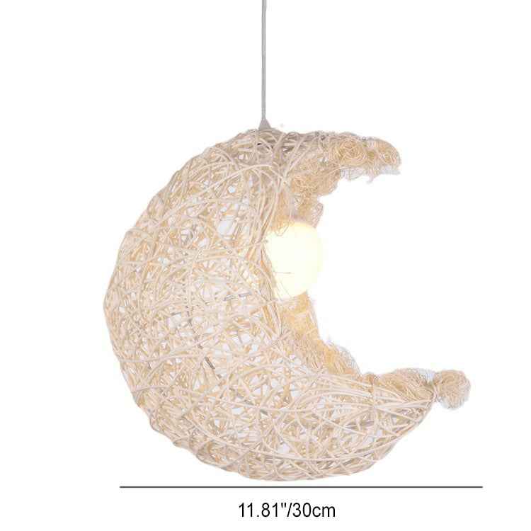 Traditional Japanese Weaving Bamboo Rattan Moon 1-Light Pendant Light For Dining Room
