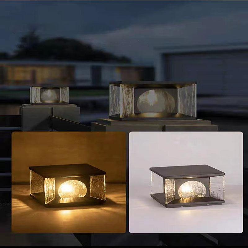 Moderno Minimalista Solar Impermeable Rectángulo Acero Inoxidable Vidrio LED Poste Luz de Cabeza Para Patio Exterior 
