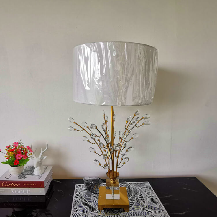 Modern Luxury Tree Branch Round Quadrangle Crystal Fabric 1-Light Table Lamp For Bedroom