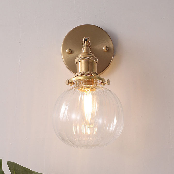 Contemporary Retro Brass Finish Frame Glass Ball 1-Light Wall Sconce Lamp For Bedroom