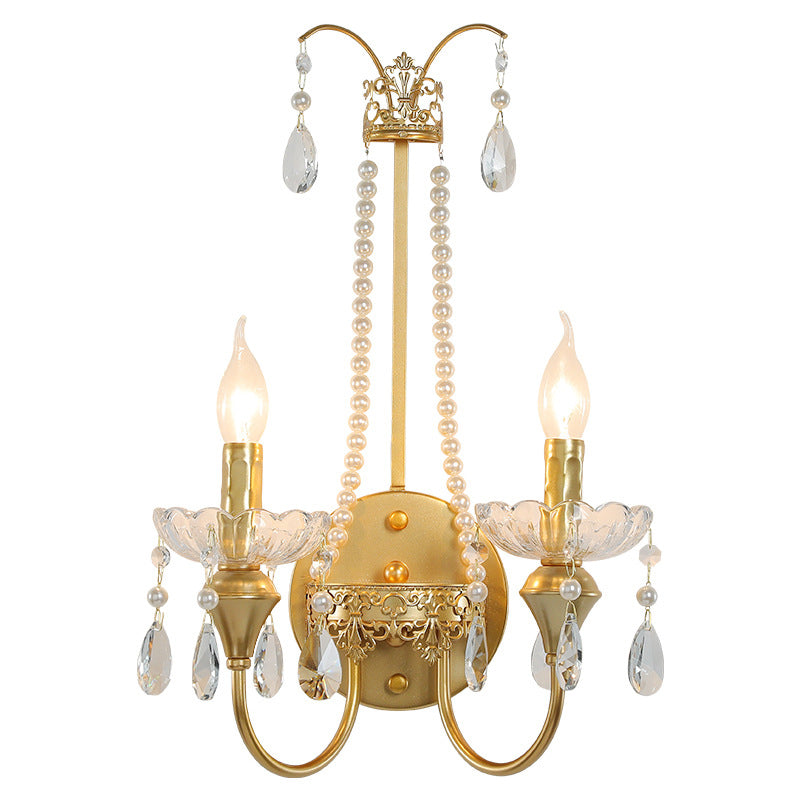 Zeitgenössische Luxus Eisen Kristall Perle Teardrop Anhänger Kerzenhalter 2-Licht Wandleuchte Lampe für Wohnzimmer 