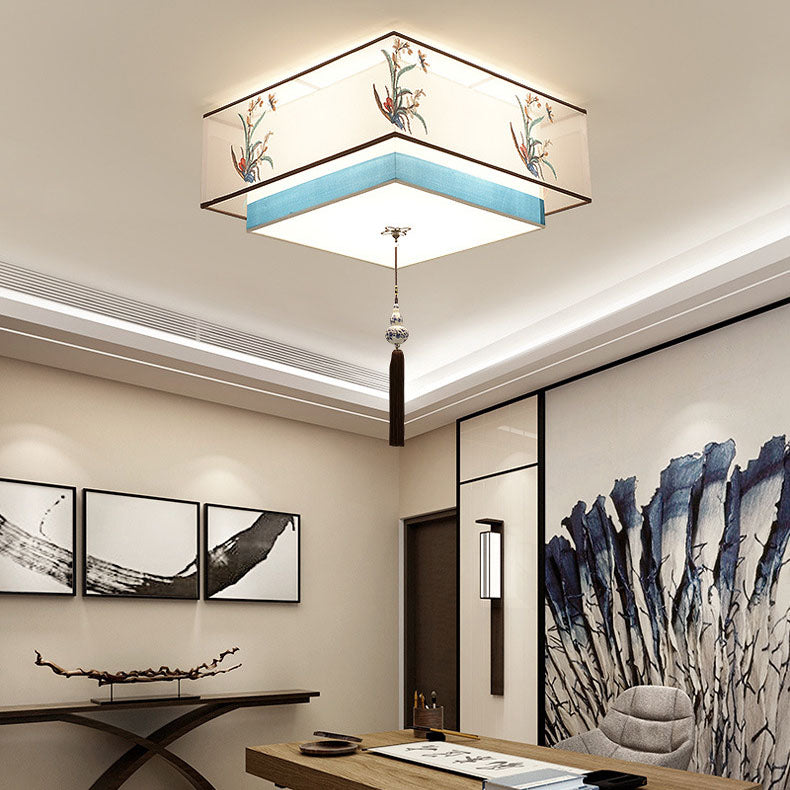 Pantalla de tela bordada de hierro chino tradicional de 4 luces para techo empotrado para dormitorio 
