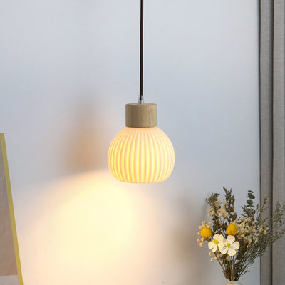 Japanese Harajuku Solid Wood Pleated Ceramic Round 1-Light Pendant Light