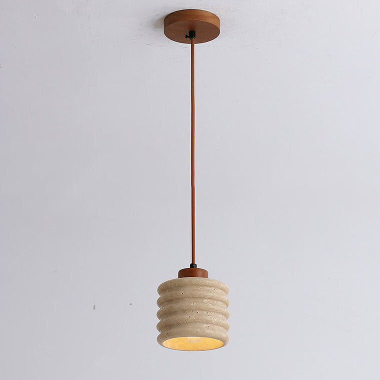 Japanese Wabi-Sabi Yellow Travertine Cylinder Lampshade Wood 1-Light Pendant Light