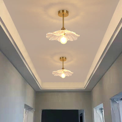 Modern Luxury Brass Glass Flower-Shaped 1-Light Semi-Flush Mount Ceiling Light