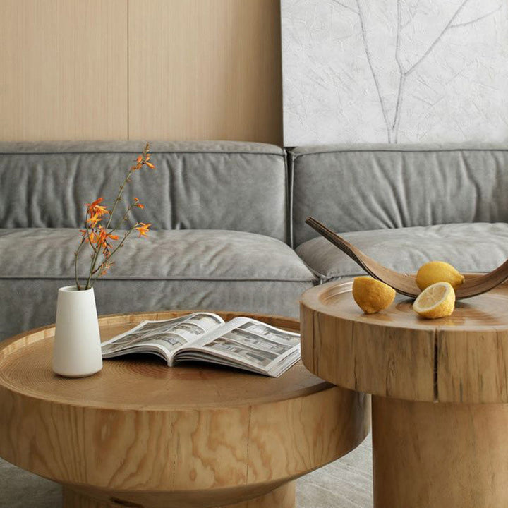 Traditioneller runder Couchtisch aus Kiefernholz im japanischen Stil mit 1 Ablage für das Wohnzimmer 