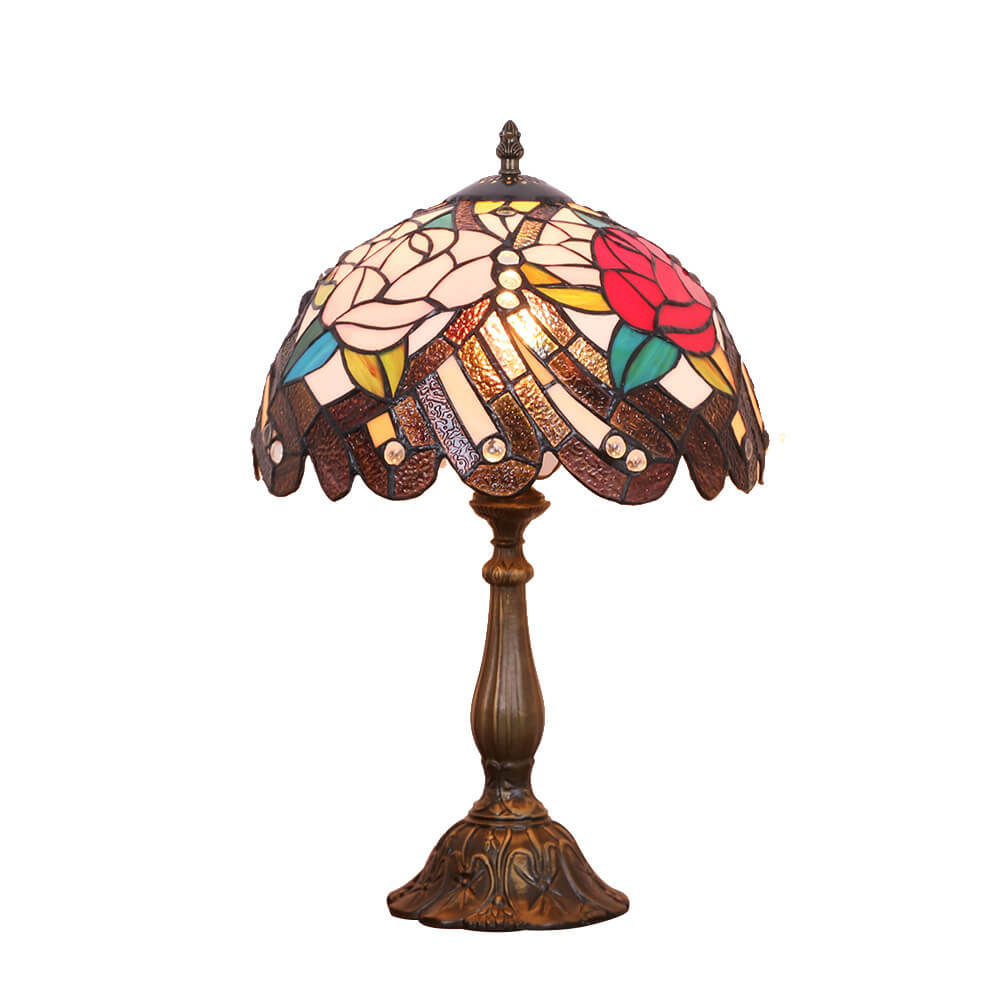 Retro Tiffany-Pfingstrosen-Muster Buntglas-Kuppel 1-Licht Tischlampe 