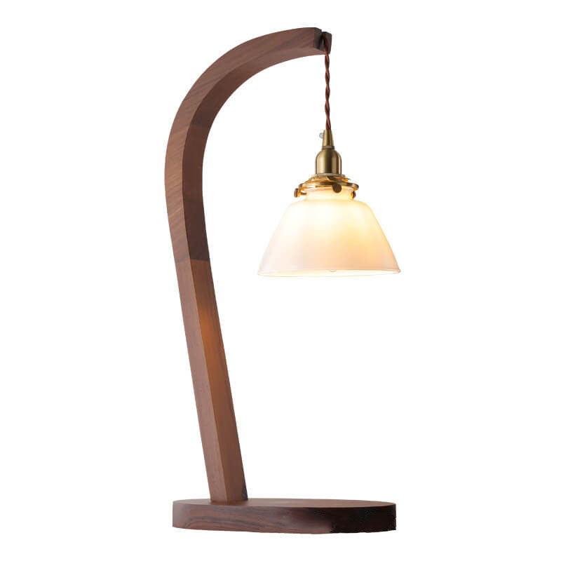 Japanese Minimalist Walnut Floral Glass Shade1-Light Table Lamp