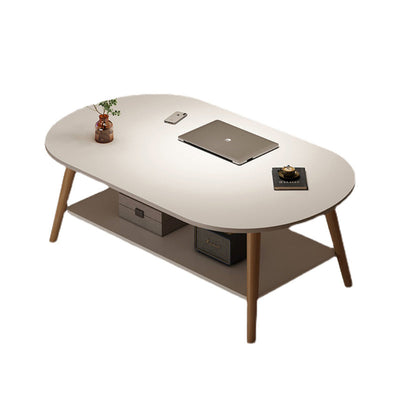 Mesa Auxiliar Moderna Minimalista de Madera Maciza con Forma de Rectángulo Redondeado de 2 Niveles Para Sala de Estar 