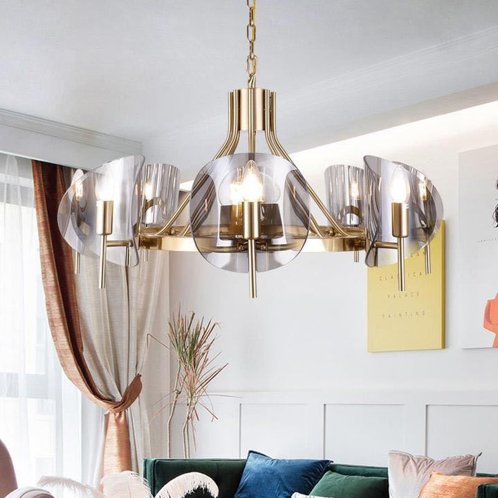 Moderner Luxus-Kronleuchter mit 6/8 Lichtern und goldenem Finish und gebogener Glasplatte für Esszimmer 