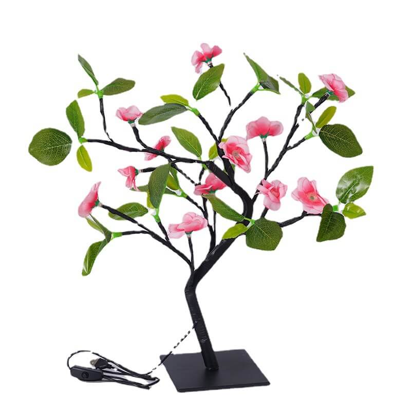 Modern Art Deco Simulation Peach Blossom Tree Green LED Tree Decoration Table Lamp For Bedroom