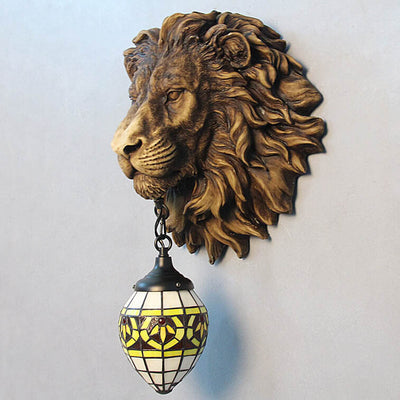 Traditional Tiffany Creative Resin Lion's Head 1-Light Wall Sconce Lamp For Dining Room