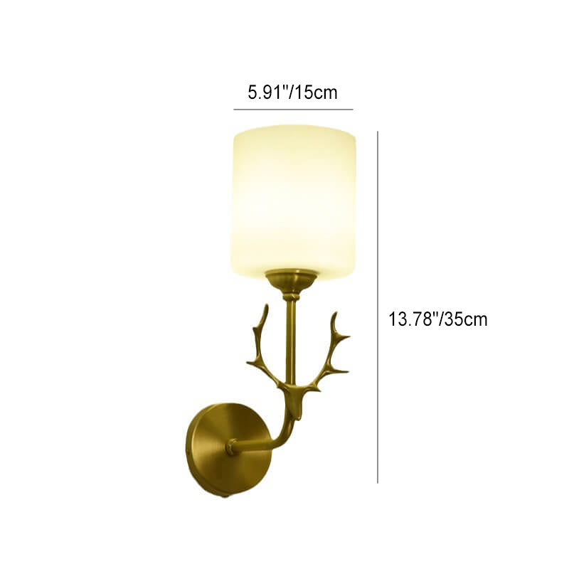 Zeitgenössische skandinavische Glaszylinder-Geweih-Kupfer-1-Licht-Wandleuchterlampe für Wohnzimmer 