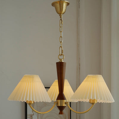 Traditional Vintage Pleated Fabric Shade Wood Brass Frame 3/5-Light Chandelier For Living Room